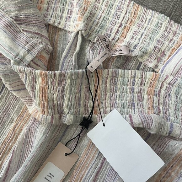 BCBGeneration Pink Chiffon Smocked Striped Square Neck Blouse size XS - Picture 3 of 4